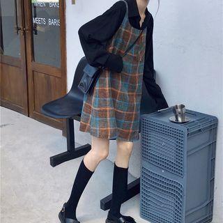 Plain Lantern-sleeve Shirt / Plaid Pinafore Dress