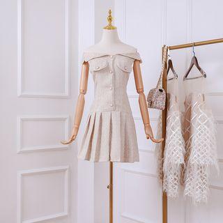 Off-shoulder Mini Pleated Dress