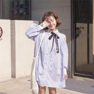 Embroidered Striped Cold Shoulder Long Shirt