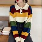 Striped Polo Sweater Stripes - Red & Yellow & Green - One Size