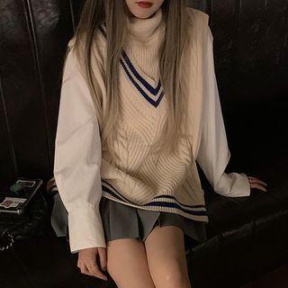 Long-sleeve Shirt / Knit Vest / Mini A-line Pleated Skirt