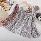 Square-neck Print Slit Long-sleeve Chiffon Top