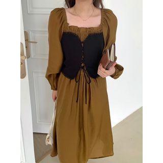 Long-sleeve Mock Two-piece Lace Up Midi Dress