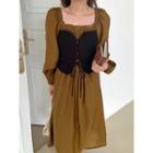 Long-sleeve Mock Two-piece Lace Up Midi Dress