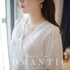 Elbow-sleeve Diagonal-button Lace Blouse