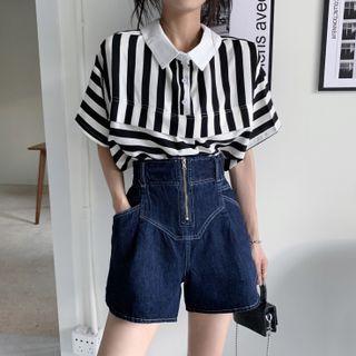 Striped Polo Shirt / High-waist Denim Wide-leg Shorts