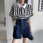 Striped Polo Shirt / High-waist Denim Wide-leg Shorts