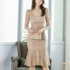 Long-sleeve Ruffle Hem Midi Lace Sheath Dress