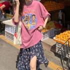 Short-sleeve Printed T-shirt / Floral Print Midi A-line Skirt