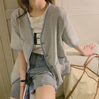 Short-sleeve Contrast Blouse Blue - One Size