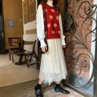 Snowflake Knit Vest / Midi A-line Lace Skirt / Mock Turtleneck Long-sleeve Top