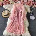 Stand Collar Long Sleeve Lace Dress Pink - One Size