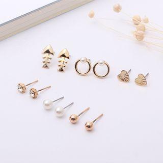 6 Pair Set : Rhinestone / Faux Pearl Alloy Earring (assorted Designs) Set Of 6 Pairs - Gold - One Size