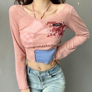 Set: Long-sleeve Print Crop Top + Halter-neck Check Camisole Top