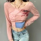 Set: Long-sleeve Print Crop Top + Halter-neck Check Camisole Top