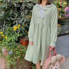 Bow Tie Long-sleeve A-line Dress Green - One Size