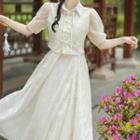 Set: Puff-sleeve Frog-button Blouse + Midi A-line Skirt