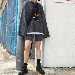 Set: Knit Flared-sleeve Top + Shorts Dark Gray - One Size