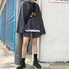 Set: Knit Flared-sleeve Top + Shorts Dark Gray - One Size