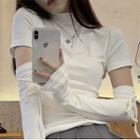 Short-sleeve Mock-neck Plain Top / Leopard Print Ruffle Trim Drawstring Overall Dress