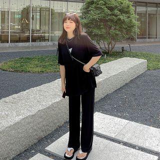 Set: Elbow-sleeve Print T-shirt + Straight-leg Pants