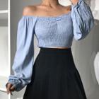 Off-shoulder Balloon-sleeve Smocked Cropped Top