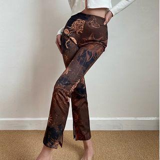 High-waist Print Slit Boot-cut Cropped Pants