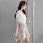 Set: Lace Top + Printed A-line Skirt