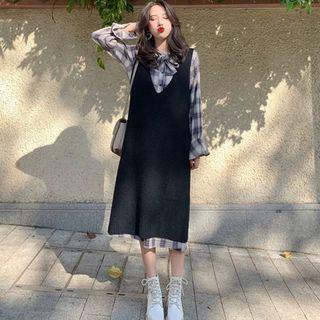 Plaid Long-sleeve Midi A-line Dress / Midi Pinafore Dress / Set