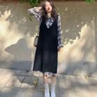 Plaid Long-sleeve Midi A-line Dress / Midi Pinafore Dress / Set