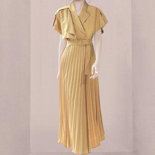 Short-sleeve Accordion Pleat Maxi A-line Blazer Dress
