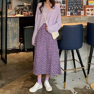 Long-sleeve Button Knit Top / Floral Print Midi A-line Skirt