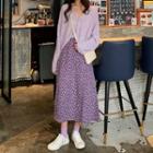 Long-sleeve Button Knit Top / Floral Print Midi A-line Skirt