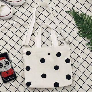 Dotted Two-way Canvas Tote Bag Black Dot - White - One Size