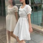 Short-sleeve Off-shoulder Lace A-line Dress White - One Size