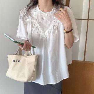 Short-sleeve Plain Embroidered Panel Shirt White - One Size