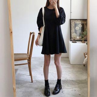 Bishop-sleeve Pleated Flare Dress Black - One Size