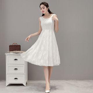 Crew-neck Lace Sleeveless A-line Dress