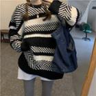 Round Neck Striped Sweater Black & Beige - One Size