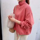 Turtle-neck Drawstring-waist Fleece-lined Top
