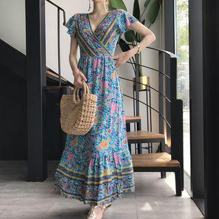 Floral Short-sleeve A-line Maxi Dress As Shown In Figure - One Size