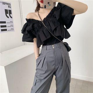 Ruffle Short-sleeve Top / High-waist Harem Pants