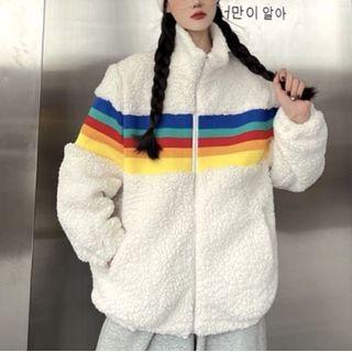 Stand Collar Color Block Panel Fleece Jacket White - One Size
