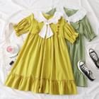 Tie-collar Ruffled-trim A-line Dress
