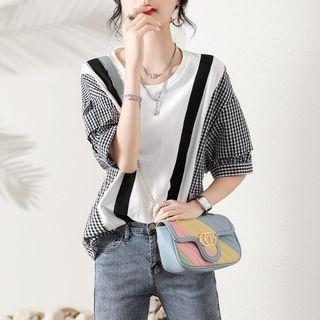 Puff-sleeve Paneled Plaid Blouse