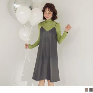 V-neck Faux Leather Spaghetti-strap Midi Dress