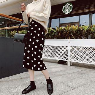 Polka Dot Slit Midi Fitted Skirt