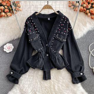 Stud Detail Denim Jacket Black - One Size