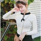 Contrast Collar Lace-up Long Sleeve Top