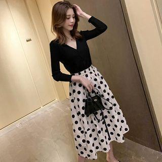 Button Cardigan / Midi Dotted A-line Skirt